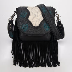 TR187-8360  Trinity Ranch Genuine Hair-On Cowhide Tooled Fringe  Crossbody Bag- Black