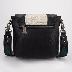 TR187-8360  Trinity Ranch Genuine Hair-On Cowhide Tooled Fringe  Crossbody Bag- Black