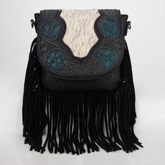 TR187-8360  Trinity Ranch Genuine Hair-On Cowhide Tooled Fringe  Crossbody Bag- Black