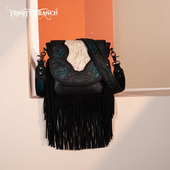 TR187-8360  Trinity Ranch Genuine Hair-On Cowhide Tooled Fringe  Crossbody Bag- Black