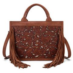 TR188-2003   Trinity Ranch Floral Tooled Fringe Concealed Carry Tote/Crossbody