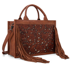 TR188-2003   Trinity Ranch Floral Tooled Fringe Concealed Carry Tote/Crossbody