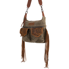 WG103-2009S Wrangler Fringe Floral Tooled  Denim Crossbody - Olive