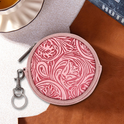 WG116-003  Wrangler Floral Tooled Circular Coin Pouch Bag Charm - Pink