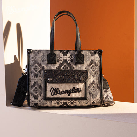 PRE-ORDER WG130-8120S   Wrangler Southwestern Pattern Dual Sided Print Concealed Carry Tote//Crossbody - Black