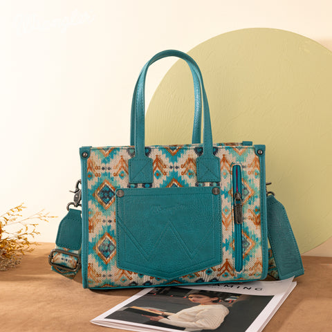 WG130-8120S   Wrangler Southwestern Pattern Dual Sided Print Concealed Carry Tote//Crossbody - Turquoise