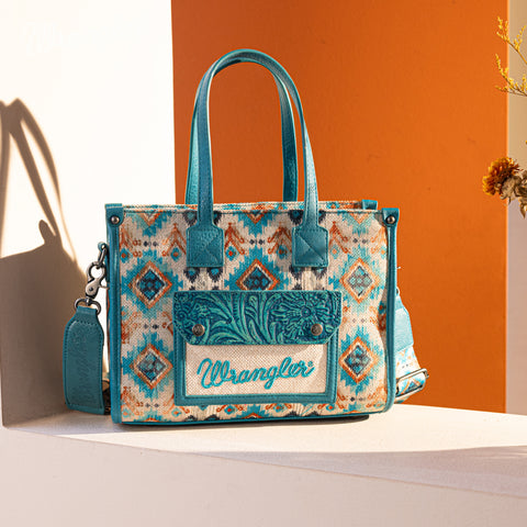 WG130-8120S   Wrangler Southwestern Pattern Dual Sided Print Concealed Carry Tote//Crossbody - Turquoise