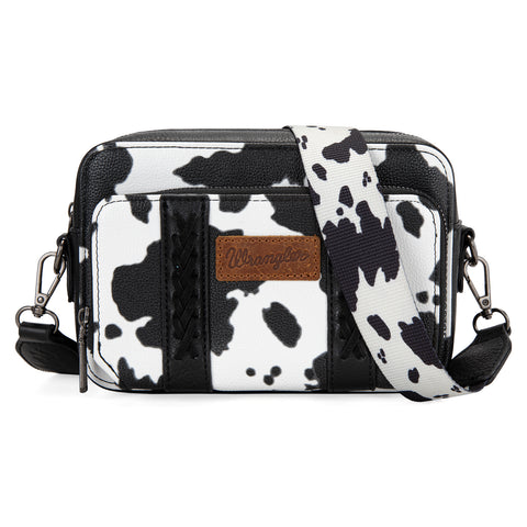 WG133-3003  Wrangler Cow Print Crossbody Purse With Wallet Compartment - Black