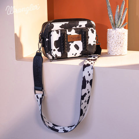 WG133-3003  Wrangler Cow Print Crossbody Purse With Wallet Compartment - Black