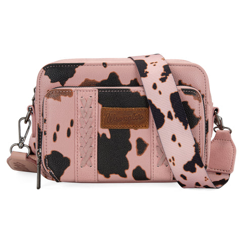 WG133-3003  Wrangler Cow Print Crossbody Purse With Wallet Compartment -Pink