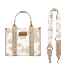 PRE-ORDER  WG133-81203S  Wrangler Cow Print Concealed Carry Tote/Crossbody - Tan (ONLINE ONLY)