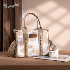 PRE-ORDER  WG133-81203S  Wrangler Cow Print Concealed Carry Tote/Crossbody - Tan (ONLINE ONLY)