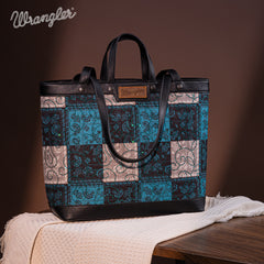 WG138-2002 Wrangler Paisley Pattern Dual Sided Print Tote- Turquoise