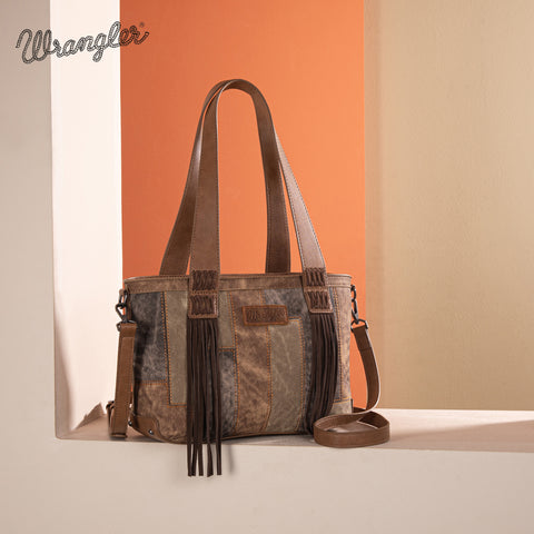 WG164-1830  Wrangler Denim Patchwork Tote/Crossbody- Brown