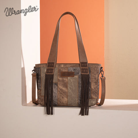 WG164-1830  Wrangler Denim Patchwork Tote/Crossbody- Brown