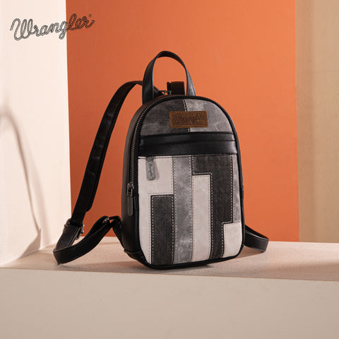 WG164-210   Wrangler Denim Patchwork Mini Backpack with Detachable Coin Pouch  - Black