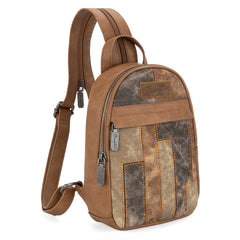 WG164-210   Wrangler Denim Patchwork Mini Backpack with Detachable Coin Pouch  - Brown