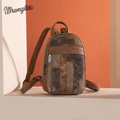 WG164-210   Wrangler Denim Patchwork Mini Backpack with Detachable Coin Pouch  - Brown