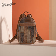 WG164-210   Wrangler Denim Patchwork Mini Backpack with Detachable Coin Pouch  - Brown