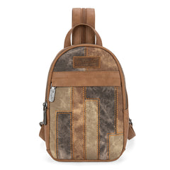 WG164-210   Wrangler Denim Patchwork Mini Backpack with Detachable Coin Pouch  - Brown