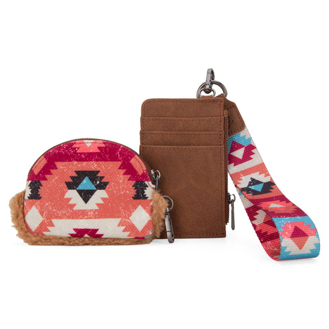 WG166-W0051  Wrangler Sherpa Southwestern Art Print Dual Pouch Wristlet -Brown