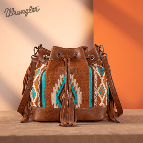 WG174-2029  Wrangler Southwestern Knitted Drawstring Crossbody Bag- Brown