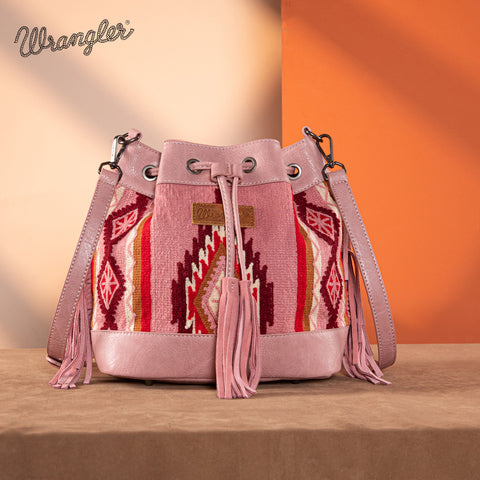 WG174-2029  Wrangler Southwestern Knitted Drawstring Crossbody Bag -Hot Pink