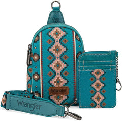 WG2205-210W  Wrangler Aztec Print Crossbody Sling Chest Bag With Zip Card Holder Set -Dark Turquoise