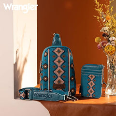 WG2205-210W  Wrangler Aztec Print Crossbody Sling Chest Bag With Zip Card Holder Set -Dark Turquoise