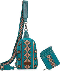 WG2205-210W  Wrangler Aztec Print Crossbody Sling Chest Bag With Zip Card Holder Set -Dark Turquoise