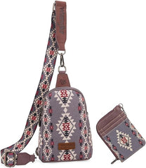 WG2205-210W  Wrangler Aztec Print Crossbody Sling Chest Bag With Zip Card Holder Set -Lavender