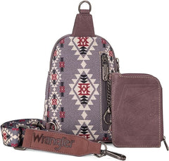 WG2205-210W  Wrangler Aztec Print Crossbody Sling Chest Bag With Zip Card Holder Set -Lavender