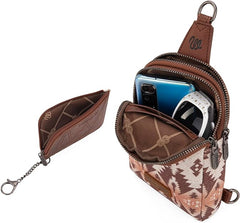 WG2205-210W  Wrangler Aztec Print Crossbody Sling Chest Bag With Zip Card Holder Set -Light Coffee