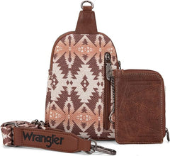 WG2205-210W  Wrangler Aztec Print Crossbody Sling Chest Bag With Zip Card Holder Set -Light Coffee