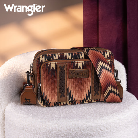 WG2211-3003  Wrangler Southwestern Pattern Dual Sided Print Crossbody Purse With Wallet Compartment -Brown