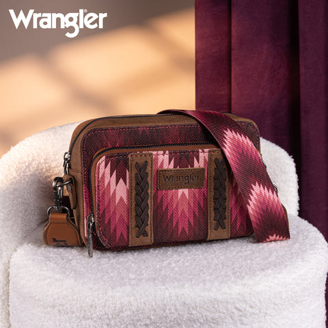 WG2211-3003  Wrangler Southwestern Pattern Dual Sided Print Crossbody Purse With Wallet Compartment -Dark Pink