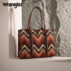 WG2211-8119 Wrangler Southwestern Pattern Dual Sided Print Concealed Carry Wide Tote - Brown