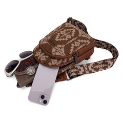 WG2212-226  Wrangler Southwestern  Print Small Canvas Sling Bag/Crossbody/Chest Bag -  Brown