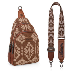 WG2212-226  Wrangler Southwestern  Print Small Canvas Sling Bag/Crossbody/Chest Bag -  Brown