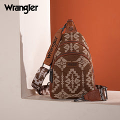 WG2212-226  Wrangler Southwestern  Print Small Canvas Sling Bag/Crossbody/Chest Bag -  Brown