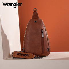 WG2212-226  Wrangler Southwestern  Print Small Canvas Sling Bag/Crossbody/Chest Bag -  Brown