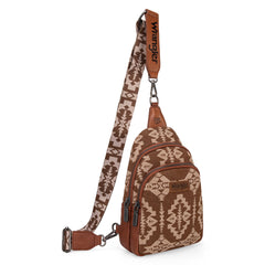 WG2212-226  Wrangler Southwestern  Print Small Canvas Sling Bag/Crossbody/Chest Bag -  Brown