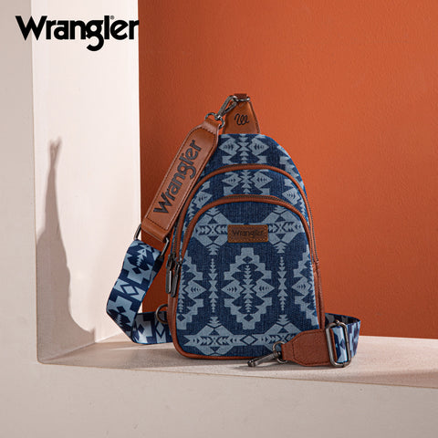 WG2212-226  Wrangler Southwestern  Print Small Canvas Sling Bag/Crossbody/Chest Bag -  Jean