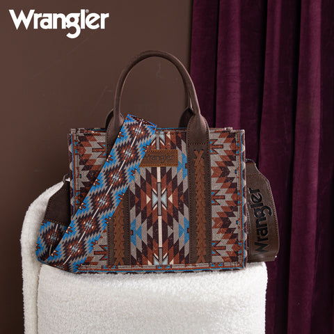 WG2213-8120S  Wrangler Southwestern Pattern Dual Sided Print-Tote/Crossbody - Coffee