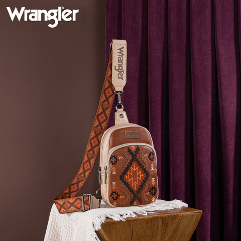 PRE-ORDER   WG2214-210  Wrangler Southwestern Embroidered Sling Bag  - Brown