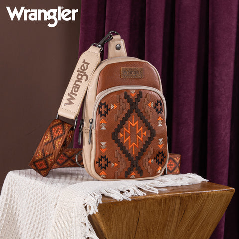 PRE-ORDER   WG2214-210  Wrangler Southwestern Embroidered Sling Bag  - Brown