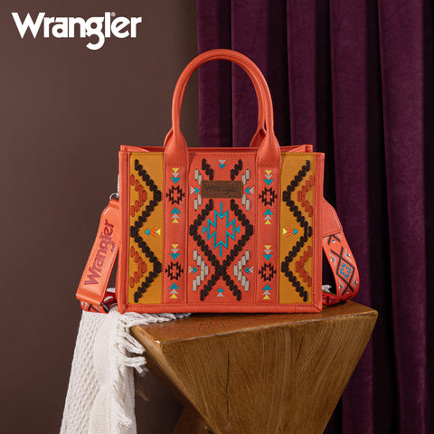 PRE-ORDER  WG2214-8120  Wrangler Aztec Embroidered Tote/Crossbody - Orange