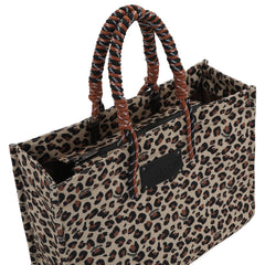 WG284-8119 Wrangler Leopard Print Oversized Tote Bag Braided Handles Weekender Bag - Brown