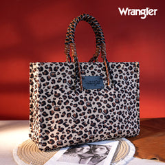 WG284-8119 Wrangler Leopard Print Oversized Tote Bag Braided Handles Weekender Bag - Brown