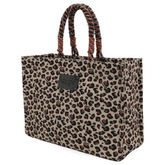 WG284-8119 Wrangler Leopard Print Oversized Tote Bag Braided Handles Weekender Bag - Brown